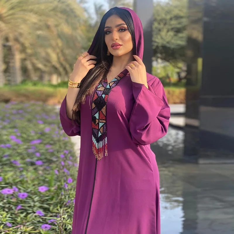 Satin Hooded Abaya Dress for Women Luruxy Beaded Tassel Robe Muslim Moroccan Caftan Dubai Turkey Arab Oman Clothes 2023