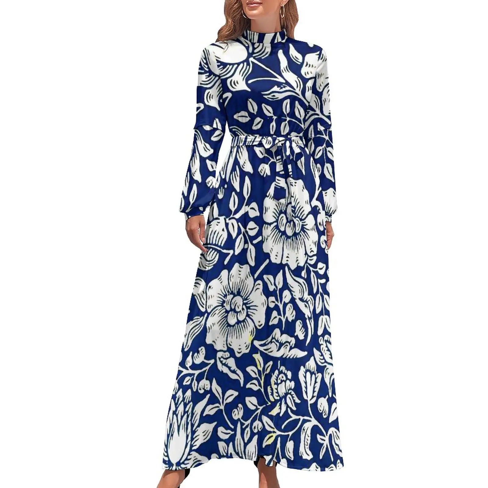 

Vintage Floral Dress Blue Mallow Cute Graphic Maxi Dress High Waist Long Sleeve Casual Bohemia Long Dresses