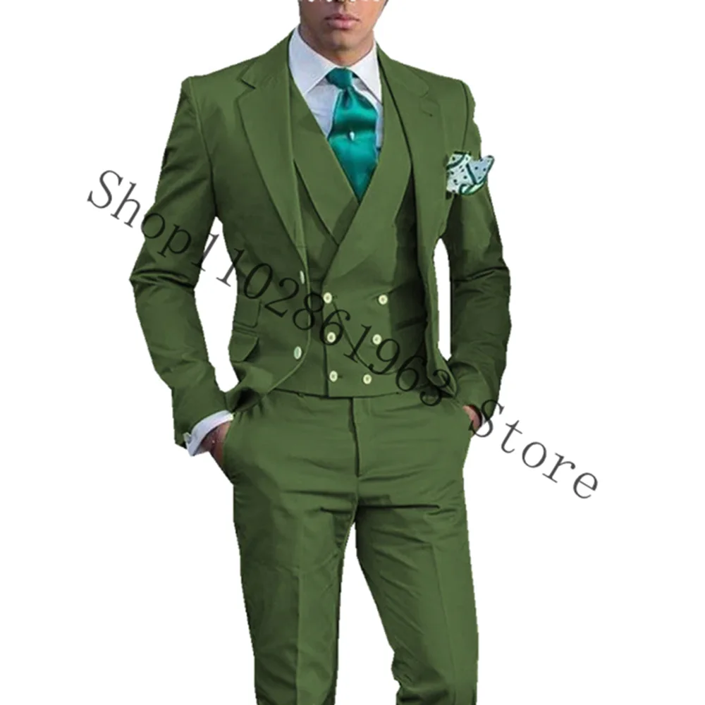 Army Green Men Suit Slim Fit Notched Lapel 3 Pieces Business Groomsmen Tuxedo for Formal Wedding Blazer+Vest+Pants Costume Homme