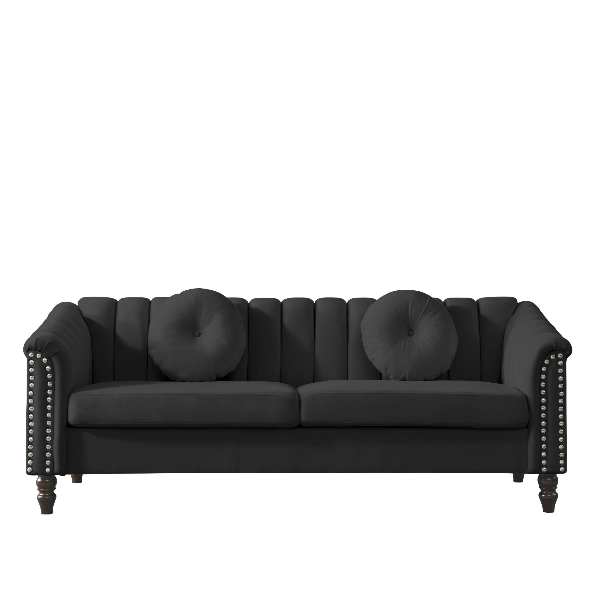 

Modern Velvet Upholstered Sofa Couch, 3 Seat Tufted Back with Nail Arms with 2 pillows, Solid wood Legs