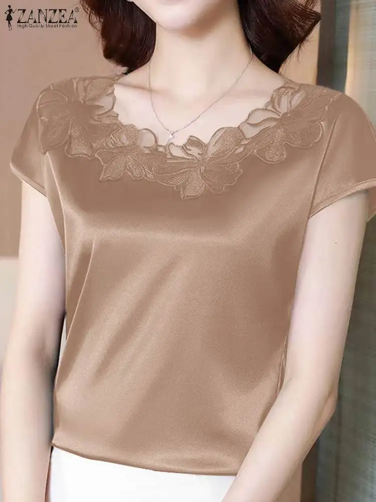 

ZANZEA Summer Elegant Lace Patchwork Shirt Woman Short Sleeve O-Neck Tunic Tops Casual Holiday Blouse Fashion Party Chemise 2024