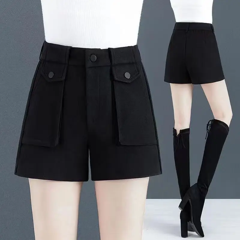 Women's Clothing Button Spliced High Waist A-Line Shorts Spring Autumn Commute All-match Solid Color Loose Pants for Female