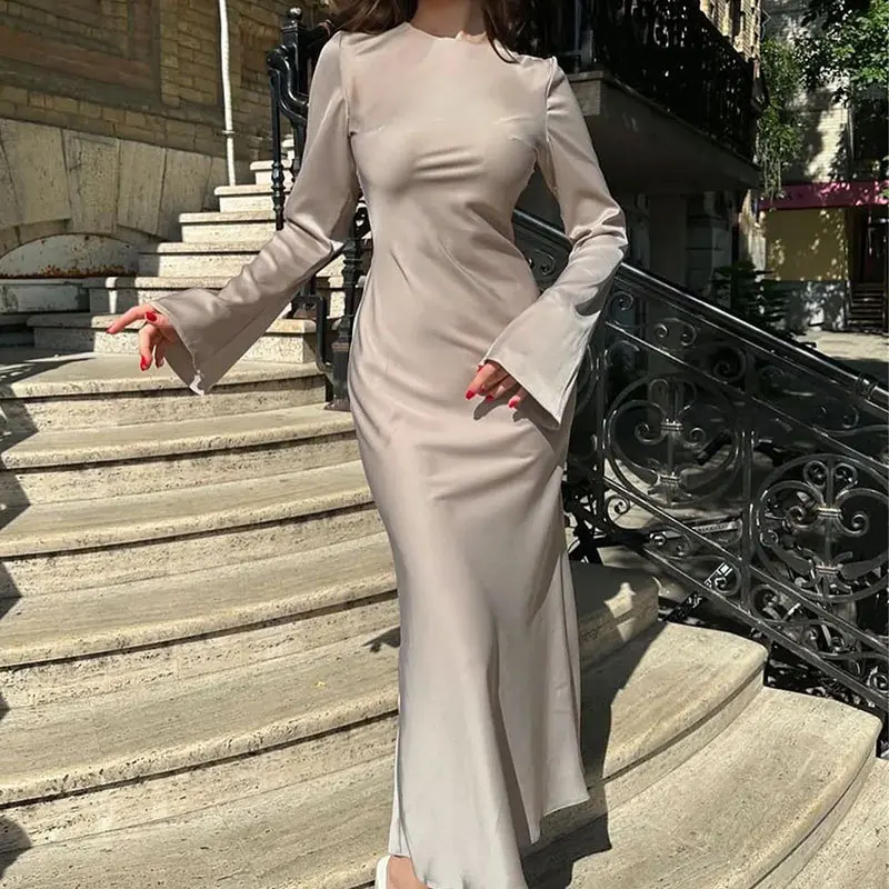 chinese dress ladies Light Blue Satin Long Sleeve Maxi Dress Large main image 1