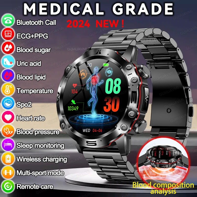 Per Gli Uomini Blood Fat Blood Glucose Smart Watches Ecg + Hr Fitness Watch Tracker Bluetooth Call Orologi Con Acido Urico Per Android Ios 2024