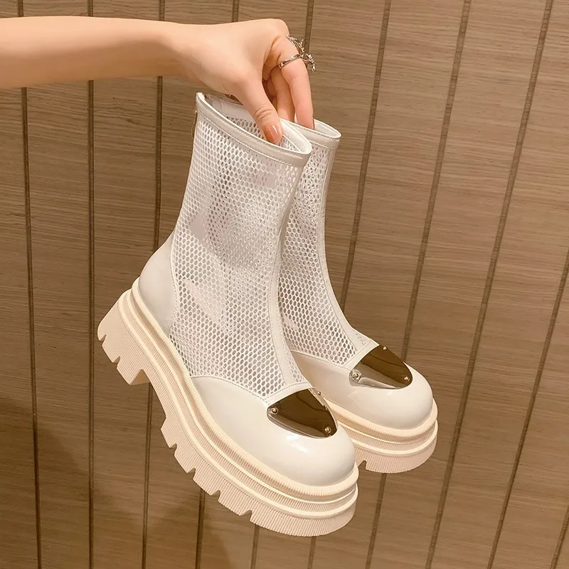 

2023 Summer Soft Mesh Boots Children's Boots Fashion PU Ankle Boots Designer Platform Elastic Black Boots Comfort Boots