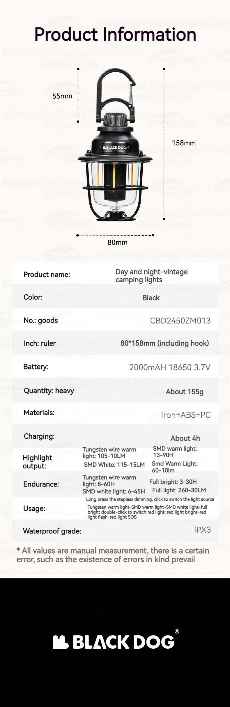 Description Picture 2 of itemNaturehike Blackdog Camping Lamp Rechargeable Outdoor Atmosphere Light Ultralight Tent Lantern Hanging Waterproof Light Retro