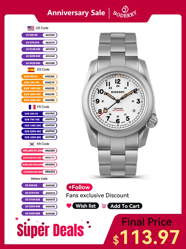 

Boderry Voyager Field Watch Titanium Automatic Dive Wristwatch 100M Waterproof Titanium Bracelet Top Clock Military Watch Men