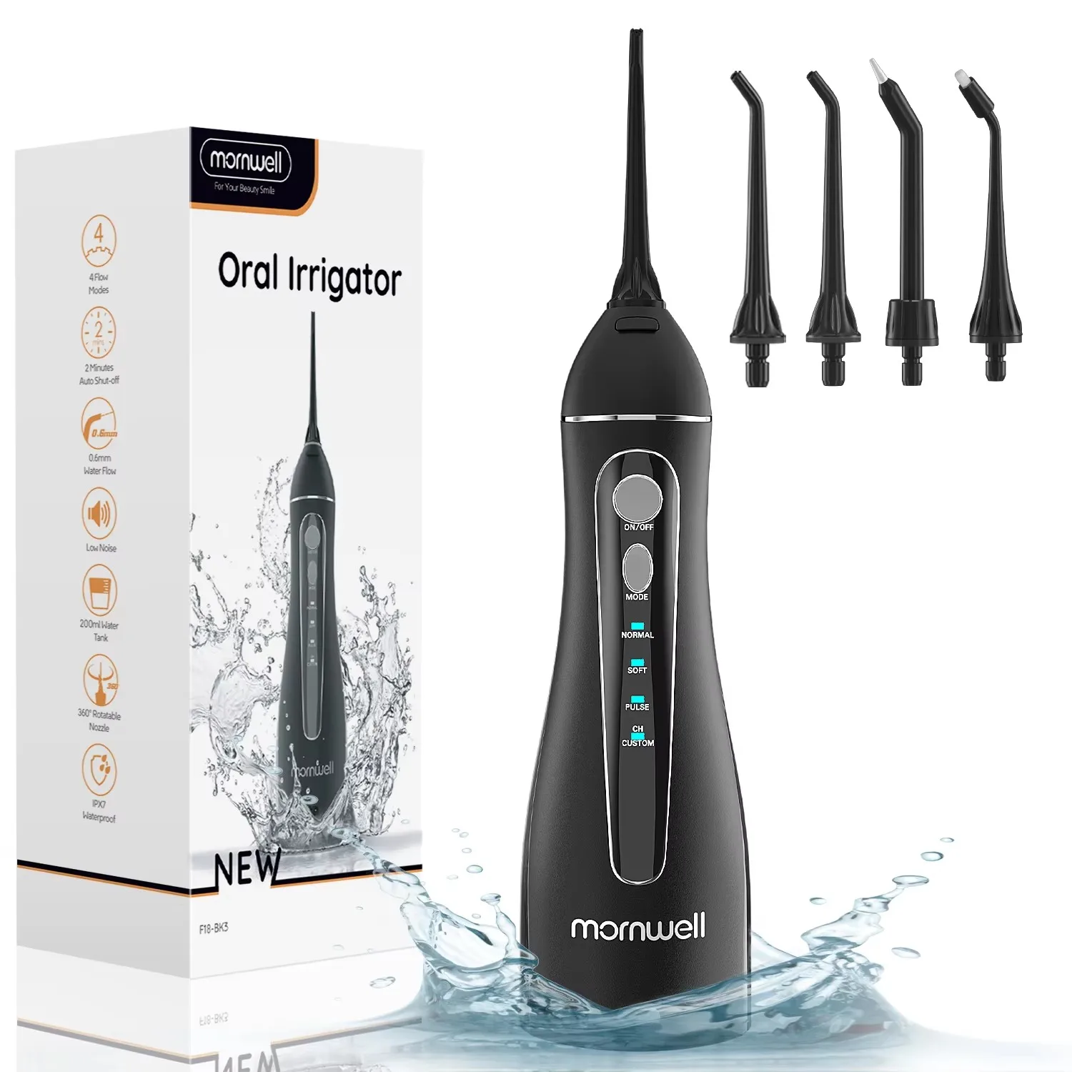 Dental Water Flosser Dental Cleaning Tools Mornwell Portable Oral Irrigator F18 Water Flosser USB Rechargeable 4 Nozzles Dental Water Jet 200ml Tank Waterproof