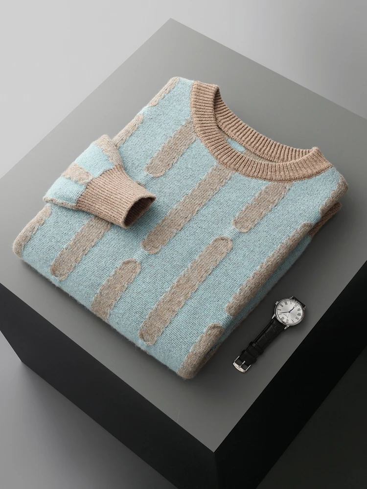 New High Quality Men's Thick Pullover Jacquard Sweater Autumn Winter 100% Merino Wool Knitwear O-Neck  Soft Casual Popular Tops 4