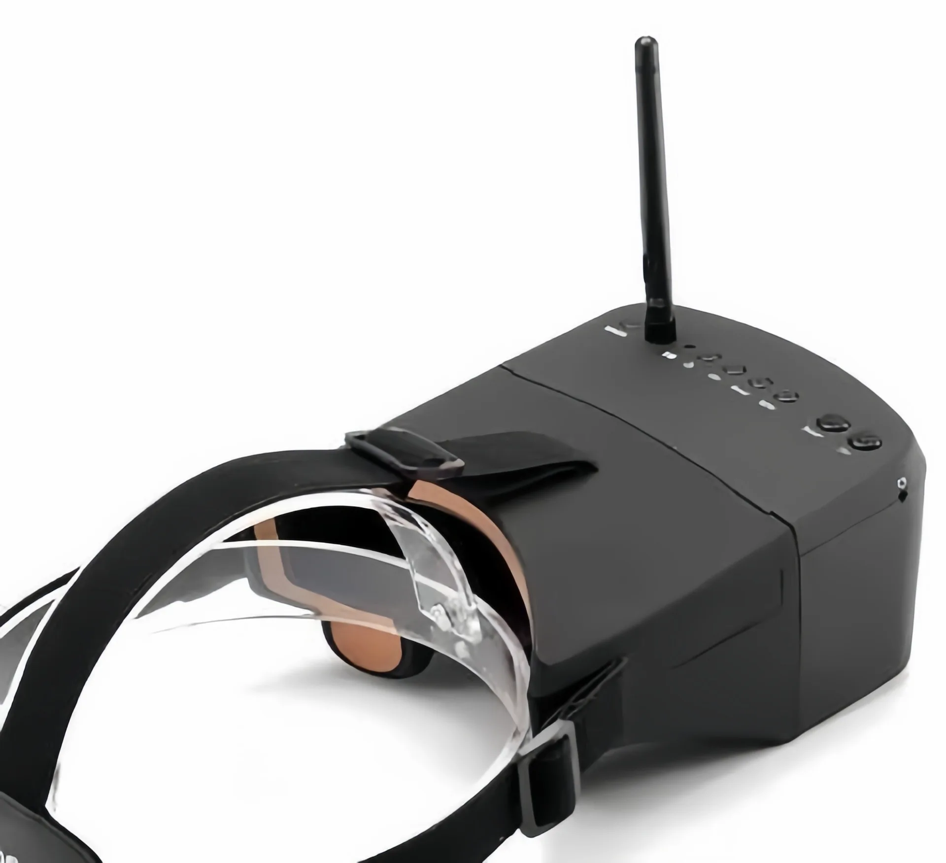 Écran 5 pouces des lunettes FPV EV800D affichant le menu DVR, avec boutons de contrôle latéraux
