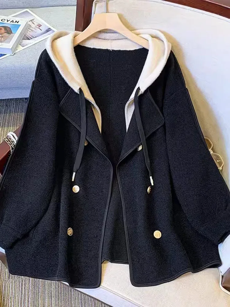 

Fake Two Cardigan Jacket Women's Spring and Autumn 2024 New High-grade Casual Loose Medium To Long Woolen Hooded Zipper Top