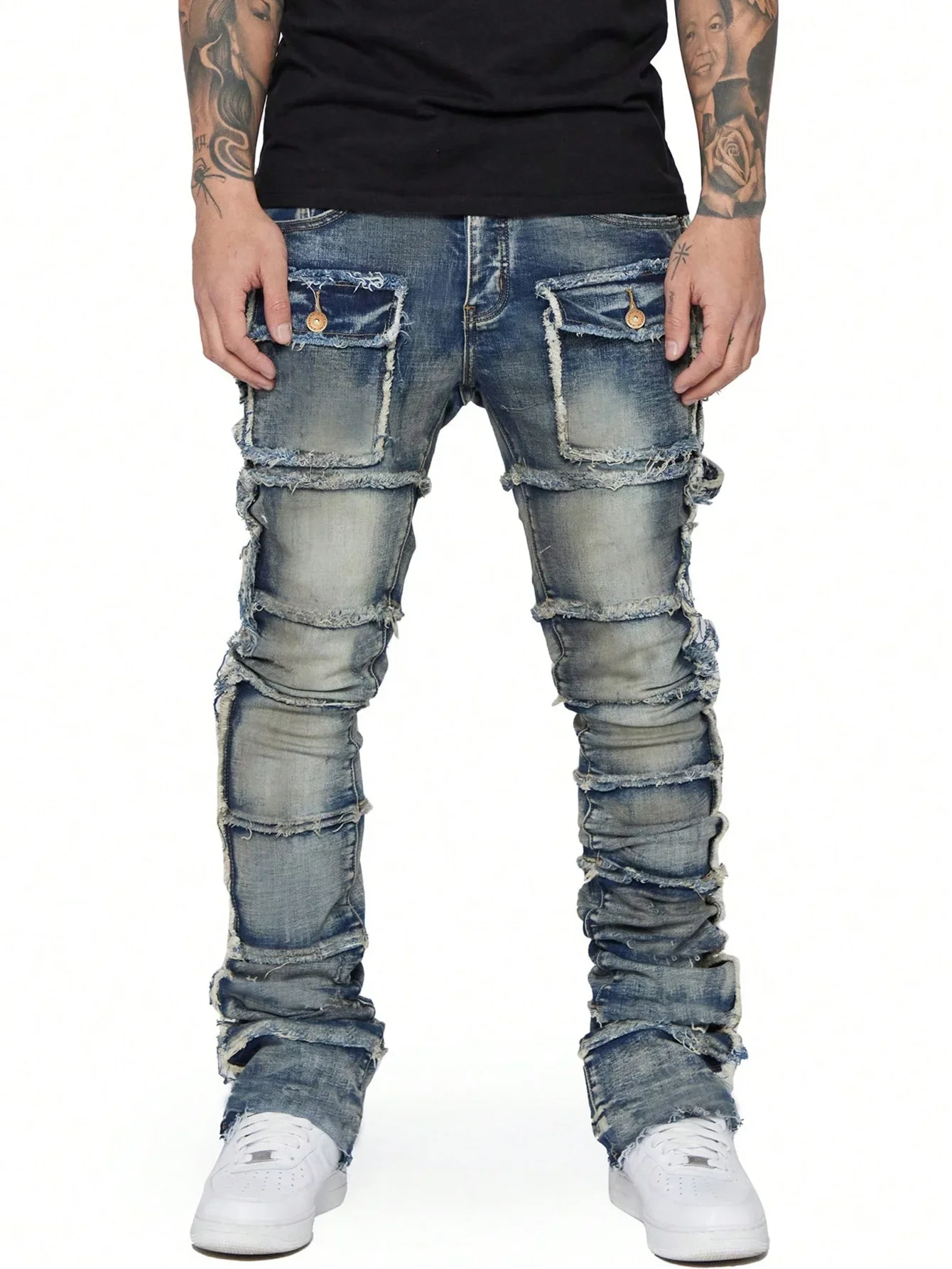 New Stretchy Jeans Men Ripped Washed Y2k Pants Retro Cargo Straight Leg Male's Patched Denim Trousers