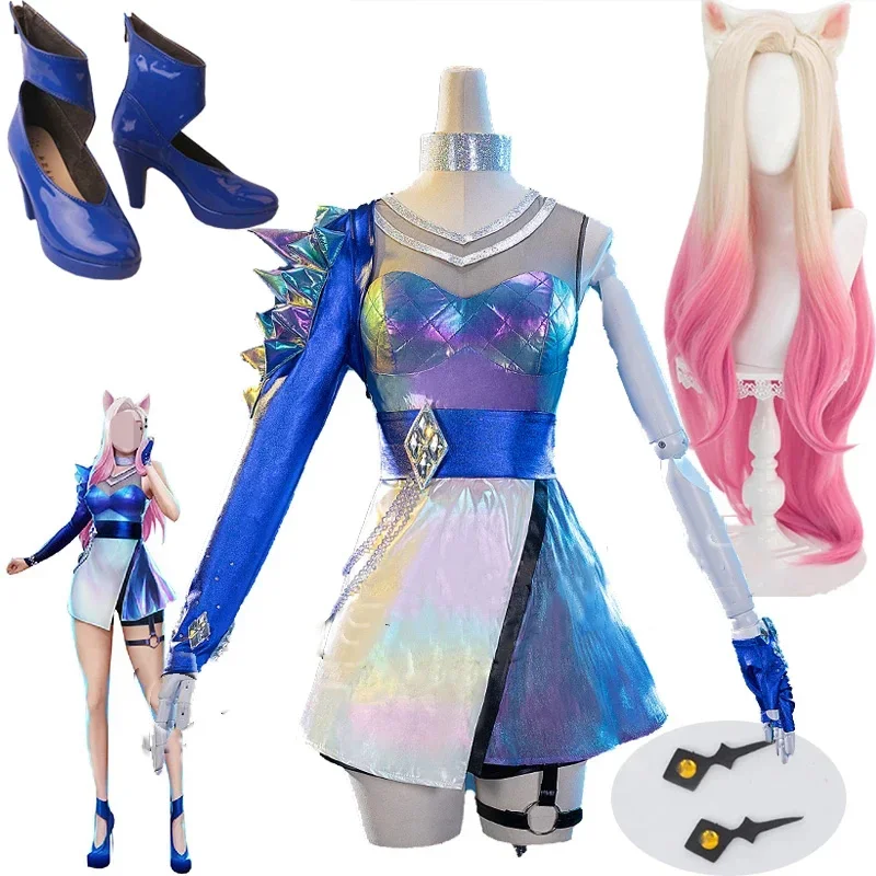 

Игровые костюмы Ahri KDA для косплея, сексуальное платье Ahri K/DA, изготовленные на заказ туфли на высоком каблуке, белого, розового цветов, длинные волнистые волосы