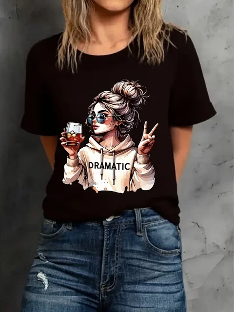 Streetwear 90s Women'S Casual Graphic T-Shirt  "Dramatic" Print with Wine Print Short Sleeve T Shirt Clothing Top Tee 3