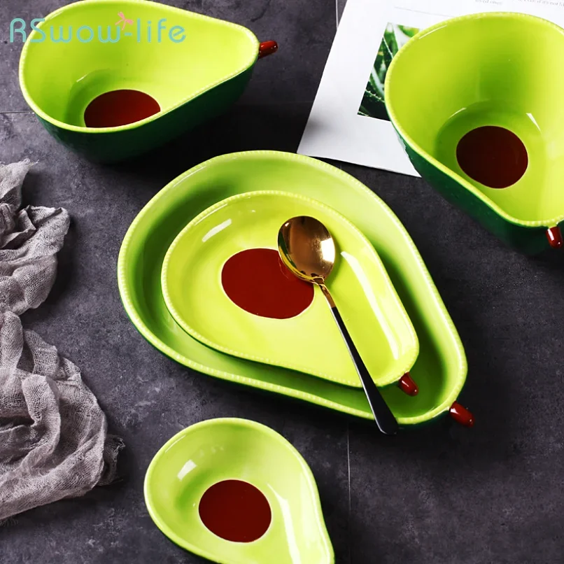 

Green Cute Avocado Shape Ceramic Plate Environmentally Friendly Home Fruit Salad Snack Dish Oven Microwave Dishwasher Available