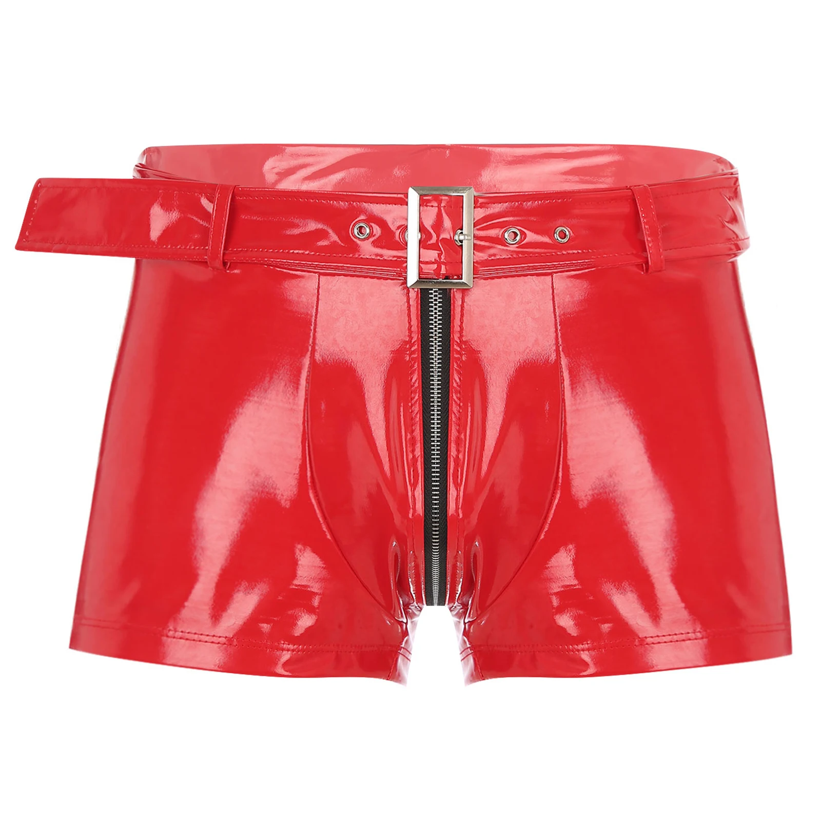 

Men Wet Look Patent Leather Zipper Crotch Shorts Hot Pants with Belt Underwear Nightclub Pole Dancing Show Clubwear Nightwear