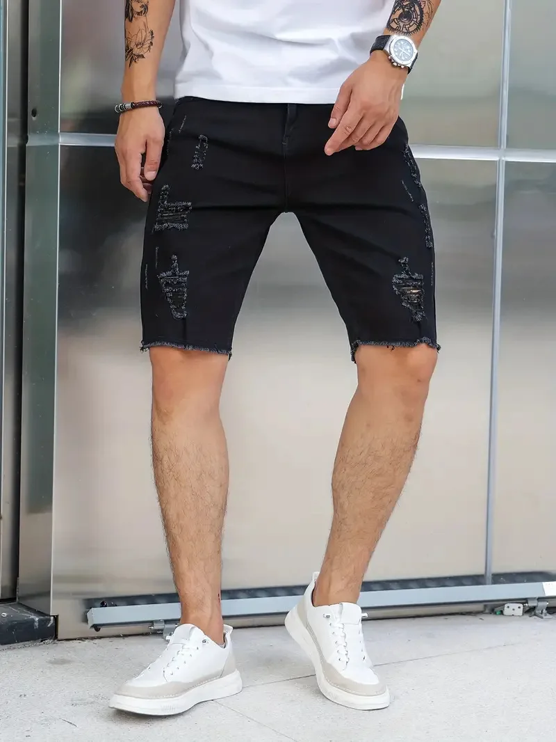 Summer Ripped Jeans Men Stretch Denim Shorts Male Short Jeans Slim Straight Shorts Fashion Black Jeans Man Clothes Streetwear 5