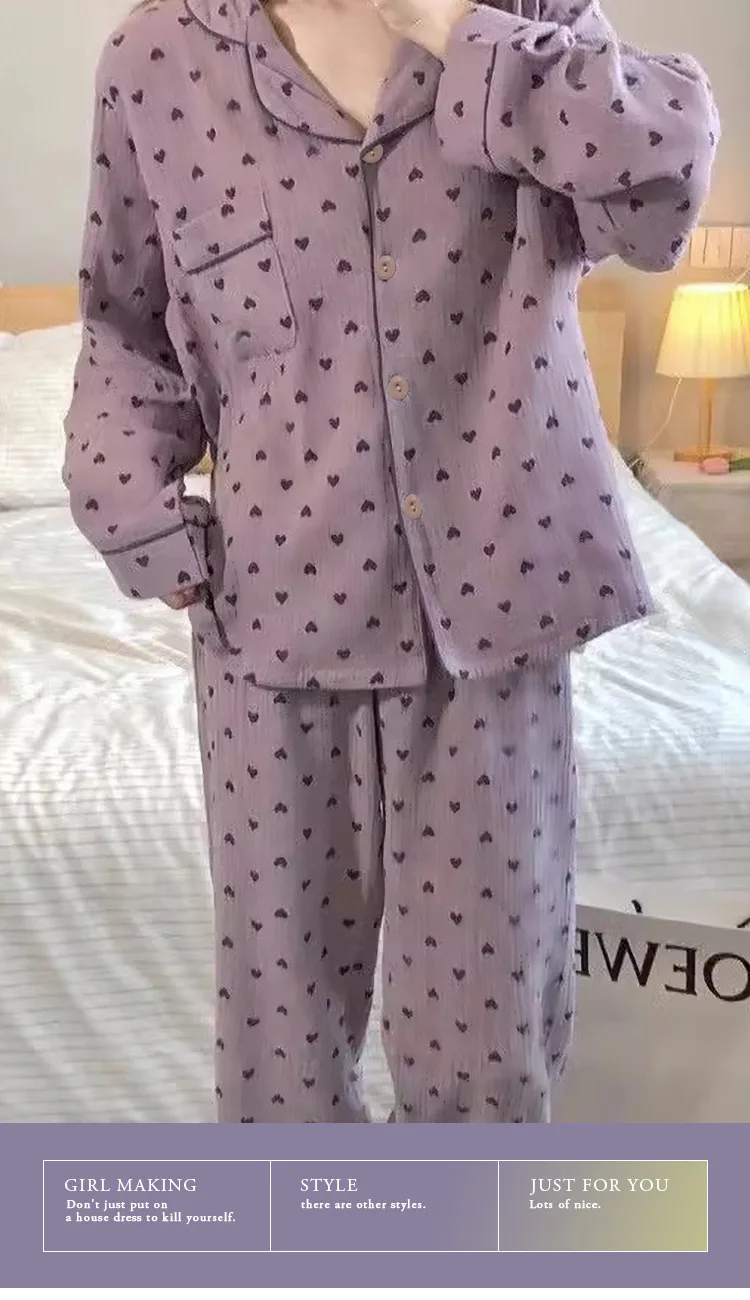 Neue lila Herz süße Stil Homewear Frühling/Herbst Saison Premium langärmelige Pyjamas Damen Schlafsaal tragen Oberbekleidung Set – Detail 10