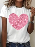 Cartoon Heart Graphic Printed T-Shirt Casual Short-Sleeve Round Neck Top for Women Suitable for Summer Fashion Clothing 1