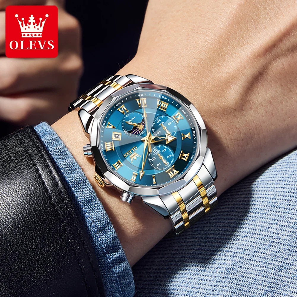 OLEVS 3675 Man Watch Rhombus Mirror Date Quartz Watch For Men 43mm Big Dial Chronograph Waterproof Moon Phase Luxury Wristwatch