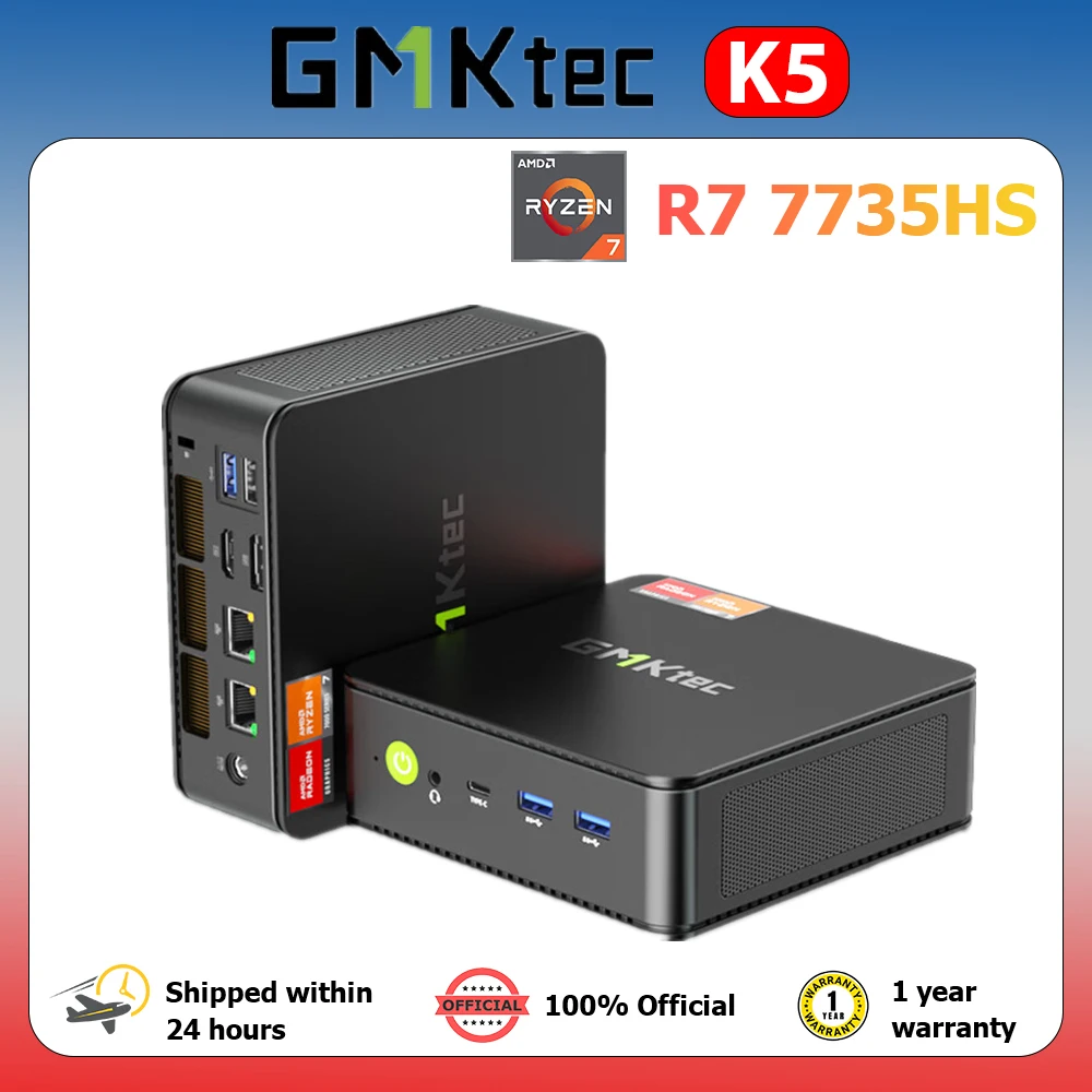 GMKtec 데스크탑 게임용 컴퓨터 미니 PC, K5, AMD Ryzen 7 7735HS, 8C, 16T, DDR5, 16G RAM, 1TB ROM, SSD, Window 11 Pro, BT5.2, WiFi6E, RZ616 
