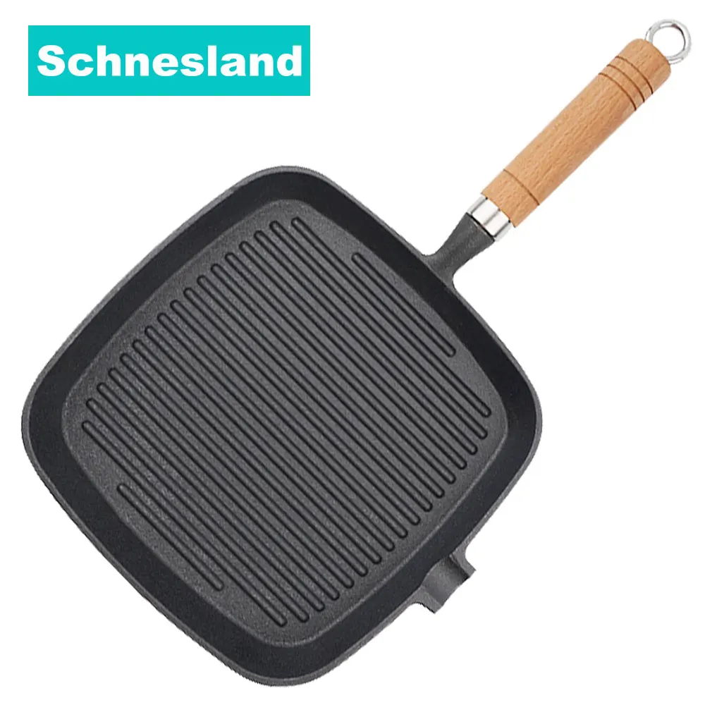 Large Square Cast Iron Grill Pan 28cm Wood Handle