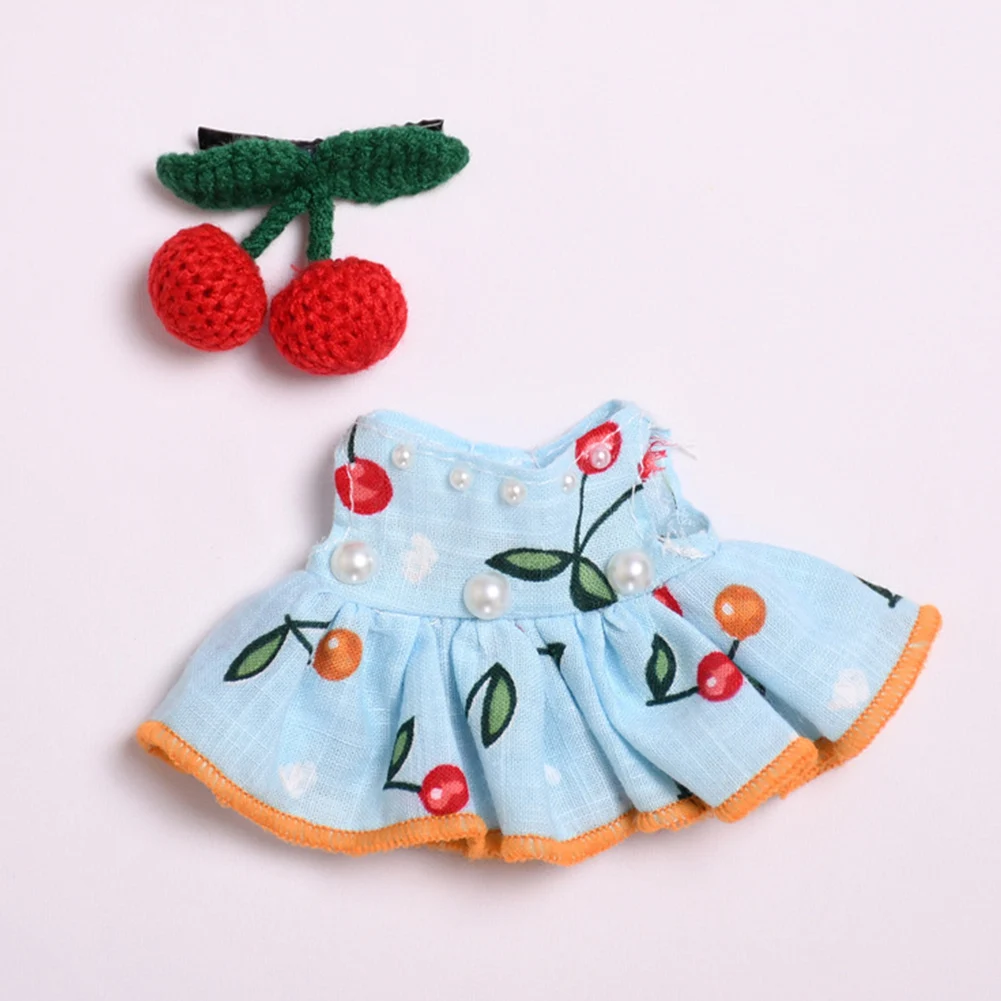 Mini Doll Outfit Cute Plush Sweater Reusable Soft Knitted Sweater Suit Cherry Pleated Skirt Hairpin Set for Toy Collector