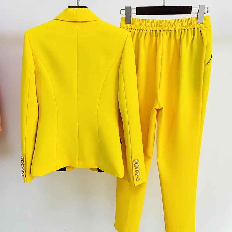 Tesco Office Suit Sets For Women Double Breasted Shawl Collar Blazer Pants Yellow Blue Female Suit 2 Piece For Party Wear