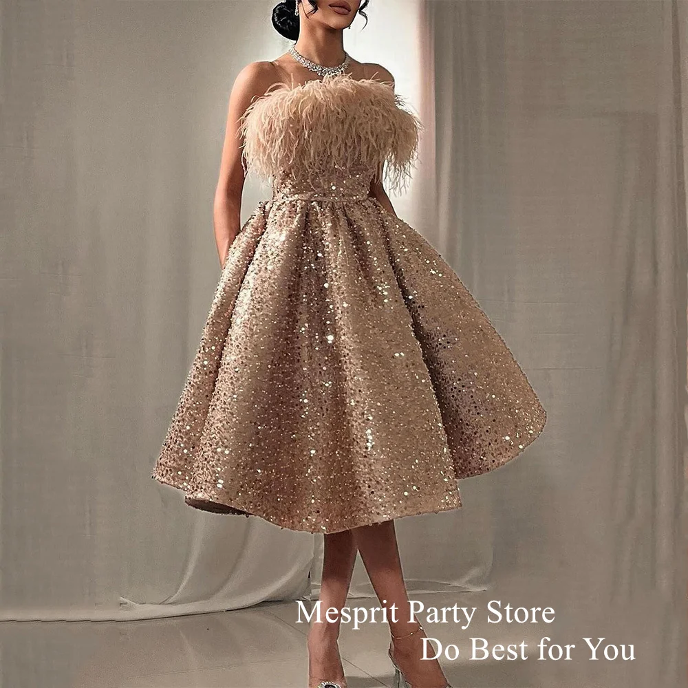 

Mesprit Champagne Prom Dresses Strapless Sleeveless Feathers Party Gown Tea Length A Line Sequined Evening Dress فساتين طويلة