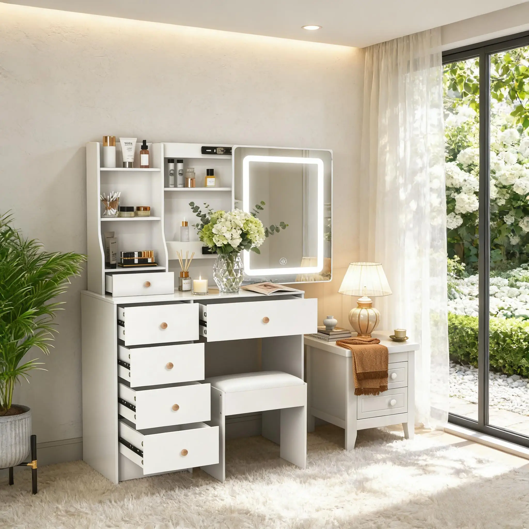 Modern White Dressing Table Makeup Vanity Desk, 3 Color Dimmable Led Lighted Mirror, 6 Drawers & Stool Set with Storage