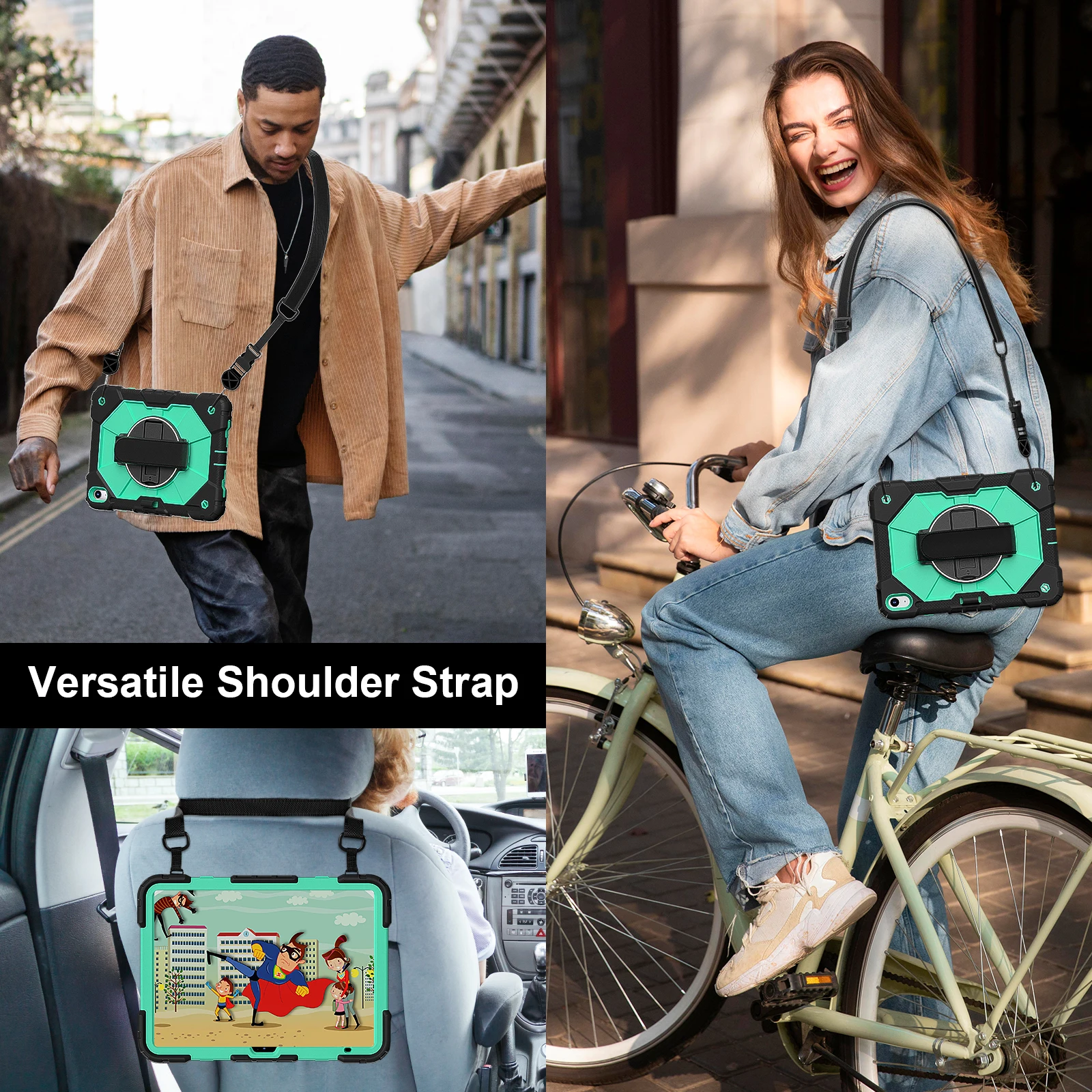 360 Rotatable Universal Protective Case for Tablets with Hand and Shoulder Strap - 3-Layer Hybrid Cover, 11-Inch