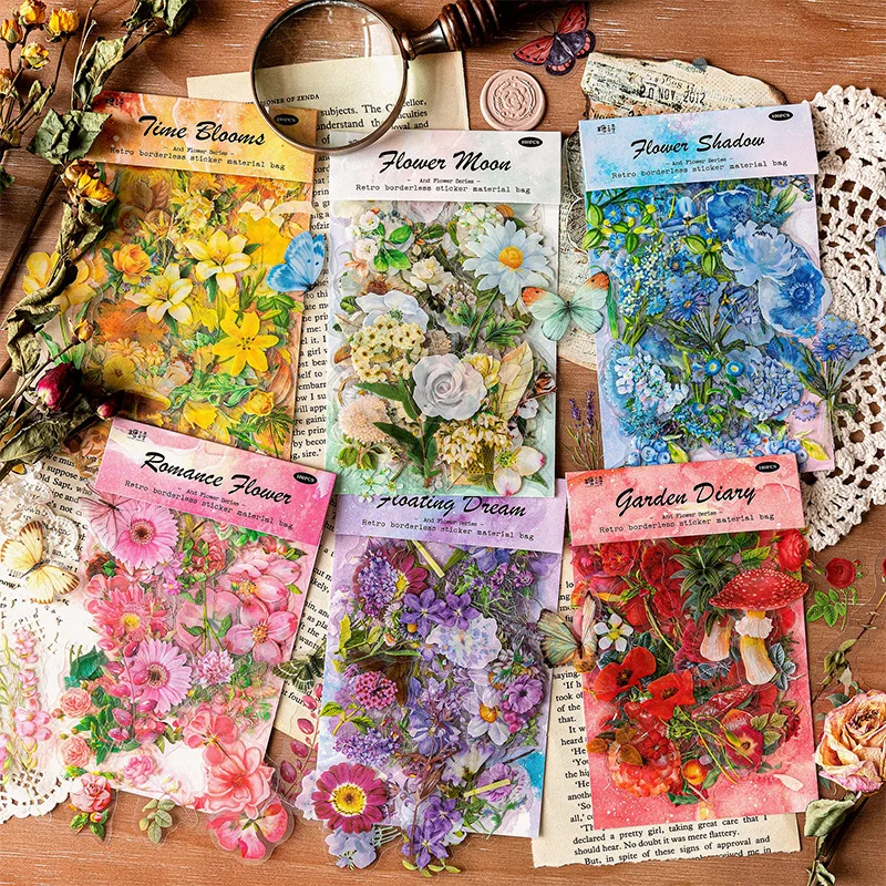 Journamm 100pcs/pack Transparent PET Flowers Stickers Kit DIY Scrapbooking Decor Junk Journal Aesth Stationery Creative Stickers