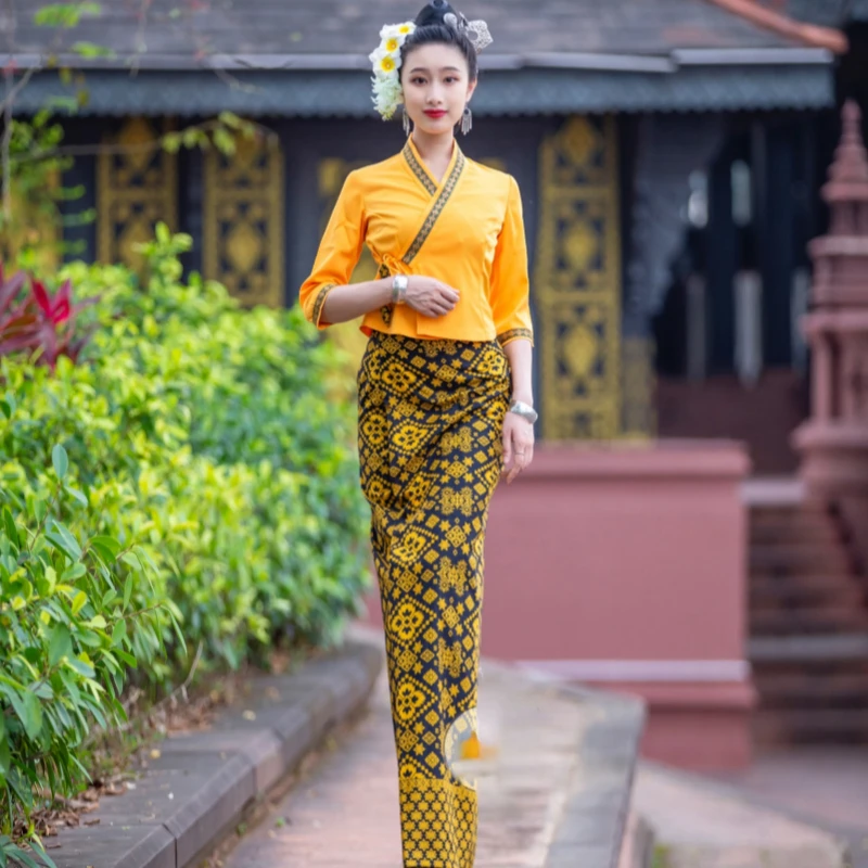 

Традиционная тайская одежда для женщин, облегающие топы, блузка, длинная юбка, рабочая одежда, повседневная одежда, элегантное винтажное тайское платье