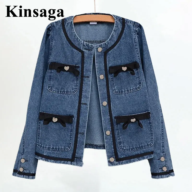 Women Round Collar Bow Four Pockets Elegant Jeans Jackets 2XL Lady Contrast Color Bright Line Hear Buttons Denim Coats Outwear vintage bright line striped jeans women winter fall 2023 new loose casual high waist wide leg denim pants loose casual trousers