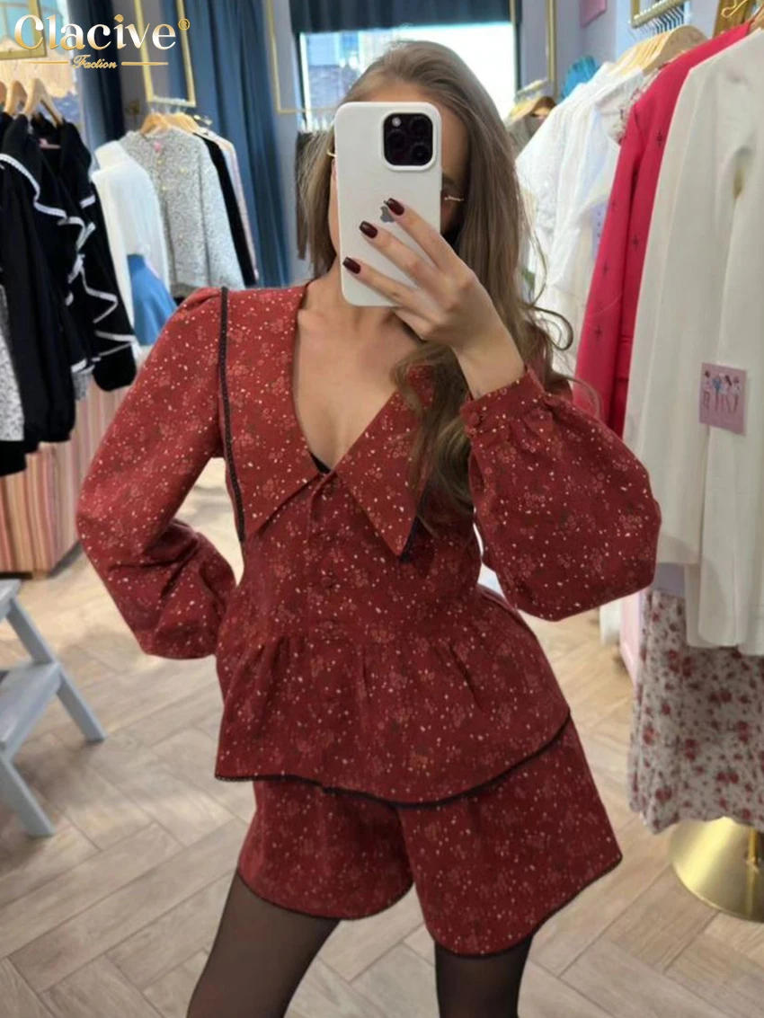 Clacive Fashion Loose Print Shorts Set for Women - 2 Piece Elegant Long Sleeve Blouse with High Waist Ruffle Shorts Streetwear