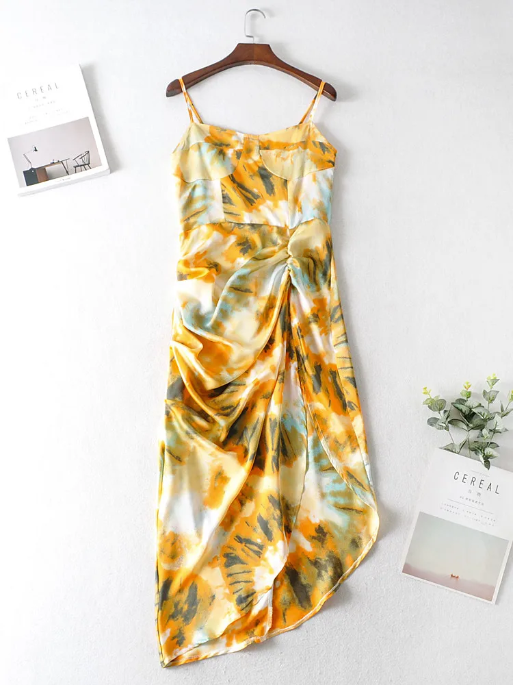 Women Vintage Yellow Tie dye Flower print Spaghetti Strap Dress