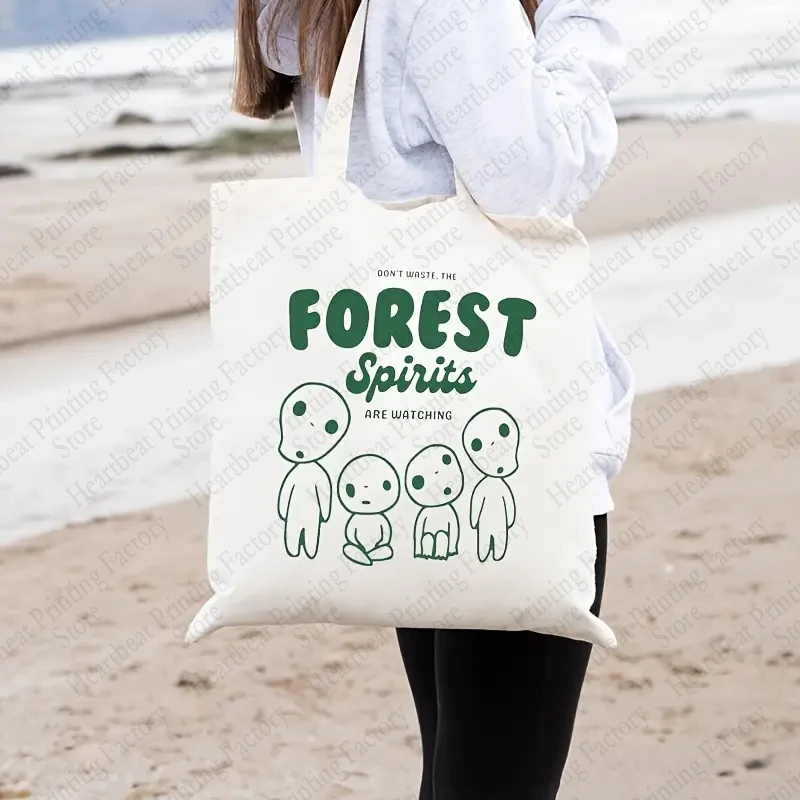 Фото Сумки-тоуты Kodama Forest Pattren, Подарочная сумка в стиле аниме, милая сумка в стиле Kawaii для подарка на день рождения, винтажные подарочные холщовые сумки для покупок в стиле аниме №5