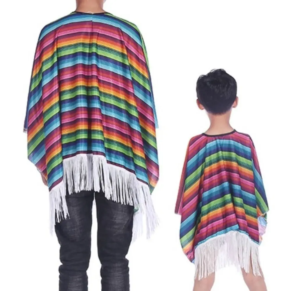 Mantello Etnico Costume Messicano Halloween Mantello a Strisce Arcobaleno Stile Messicano Abito per Travestimento Cosplay Poncho Messicano per Feste e Festival