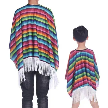 Mantello Etnico Costume Messicano Halloween Mantello a Strisce Arcobaleno Stile Messicano Abito per Travestimento Cosplay Poncho Messicano per Feste e Festival