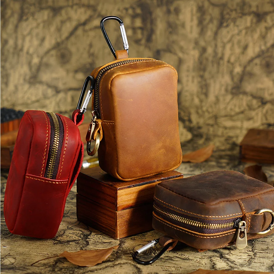 Cowhide Leather Waist Bag Crazy Horse Leather Belt Pouch Bags Card Holder Key Wallets Zipper Purse Coin Pocket Card Holder