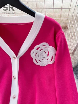 SINGREINY OL Floral Two Piece Knit Set Women Long Sleeve Fashion Cardigan Elastic Waist Casual Winter Sweater Long Pants Suit 5