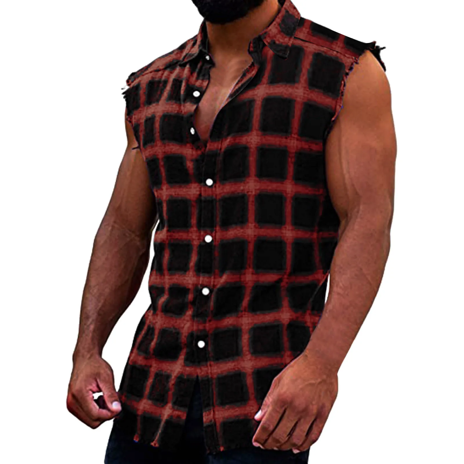 

Men's Summer Fashion Casual Plaid Print Sleeveless T Shirt Vest Buckle Sanding 2022 Korean Style Mens Tank Tops Beach Vest