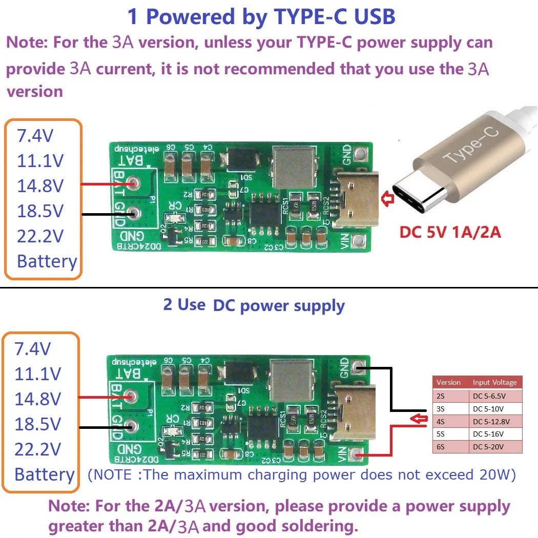 2-6S Type-c 멀티 셀 8.4V 12.6 16.8 21V 25.2V 7.4V 11.1V 14.8V 18.5V 22.2V 18650 배터리 팩용 스텝업 부스트 충전기 모듈