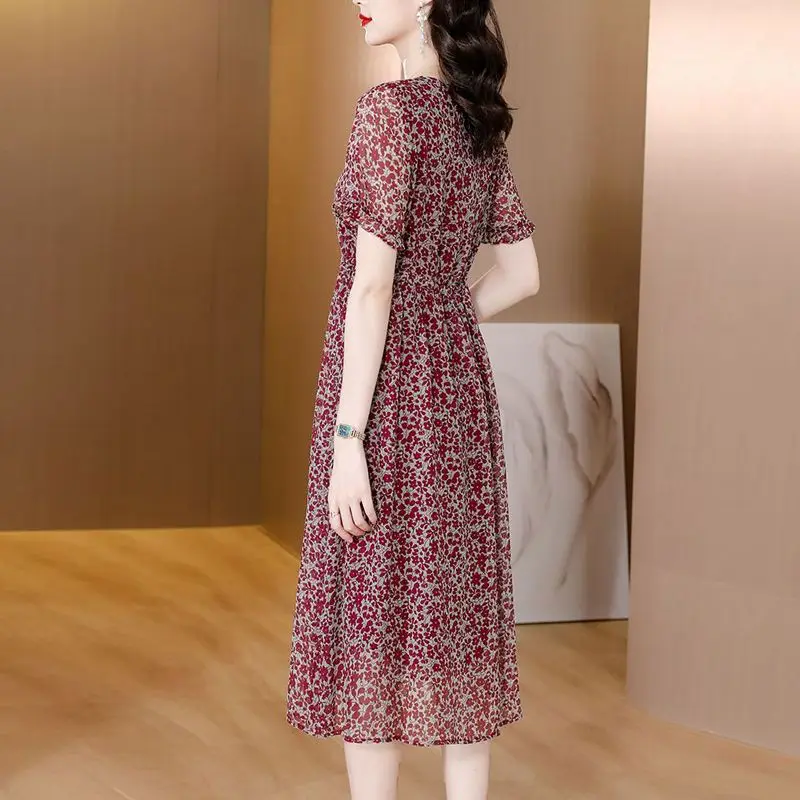 여성 크루넥 타이업, 프린트 스플라이스, 캐주얼 루즈핏, 얇은 반팔, 하이엔드 우아한 쉬폰 원피스, 여름 신상