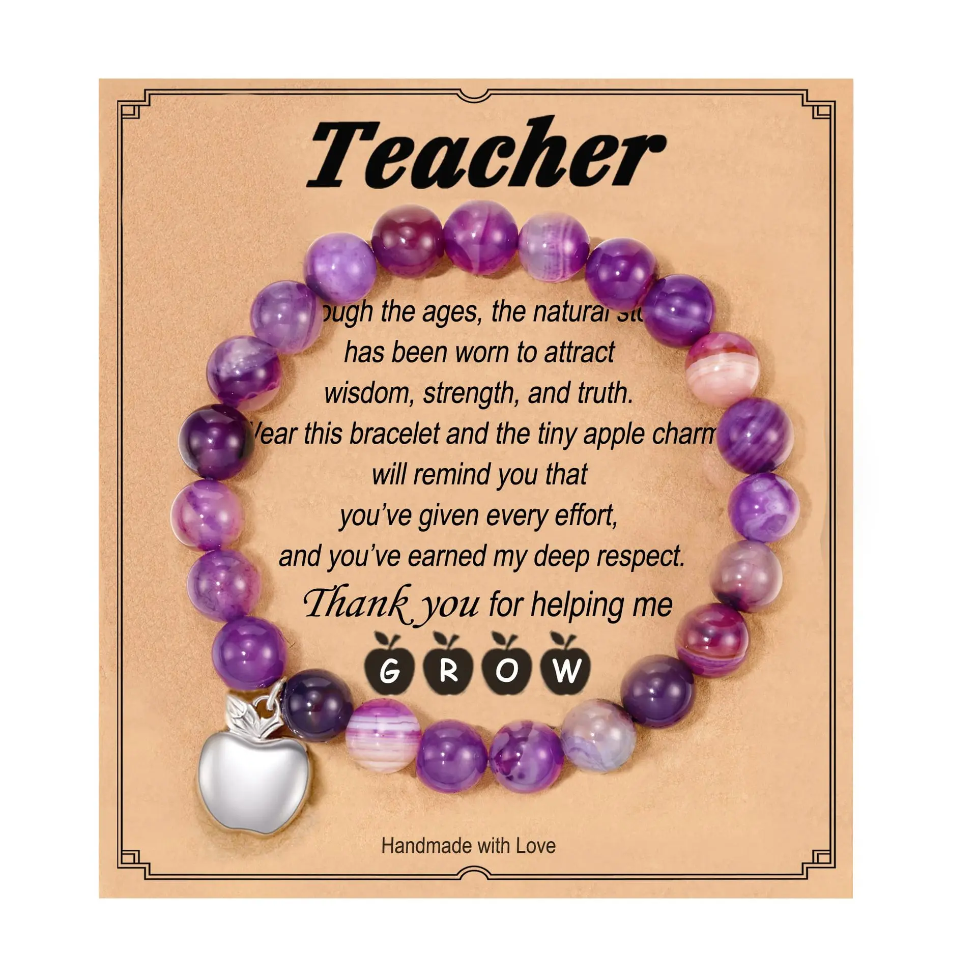 Apfel-Charm-Armband mit Nachrichtenkarte, Lehrer-Anerkennung, Heilung, Entspannungsarmband für Lehrertag, Weihnachtsgeschenk