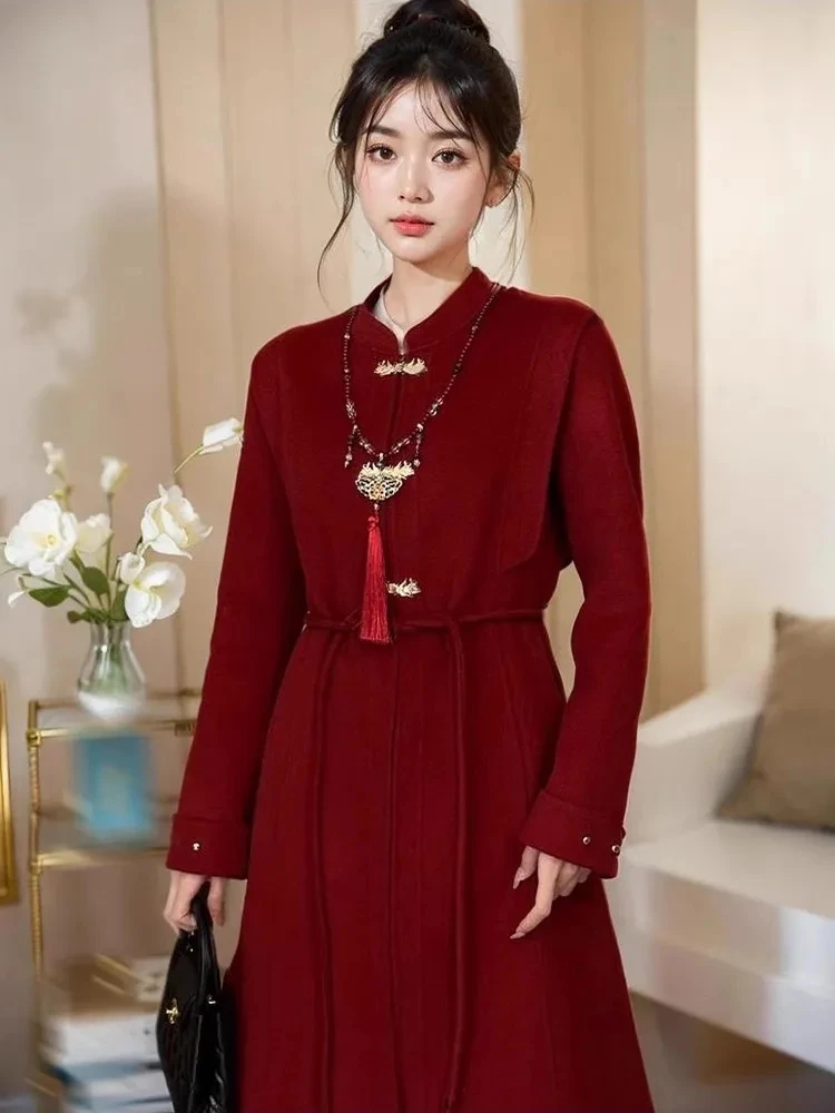 Autumn And Winter Retro Chinese Style New Chinese Style Standing Collar Woolen Coat Women's Medium Long Thick Woolen Coat