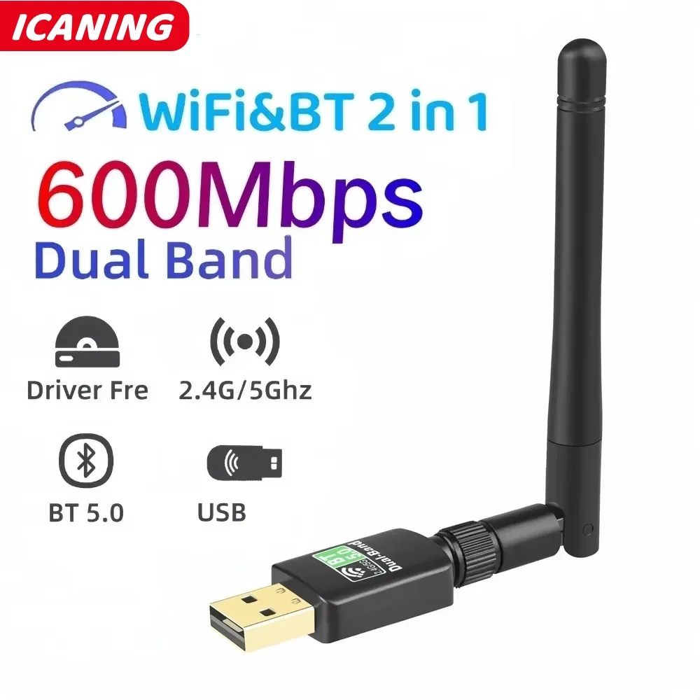 600Mbps USB 블루투스 5.0 Wifi 어댑터 2 in 1 PC BT wifi5 2.4G 5G 동글 Usb 무선 WiFi 수신기 네트워크 카드