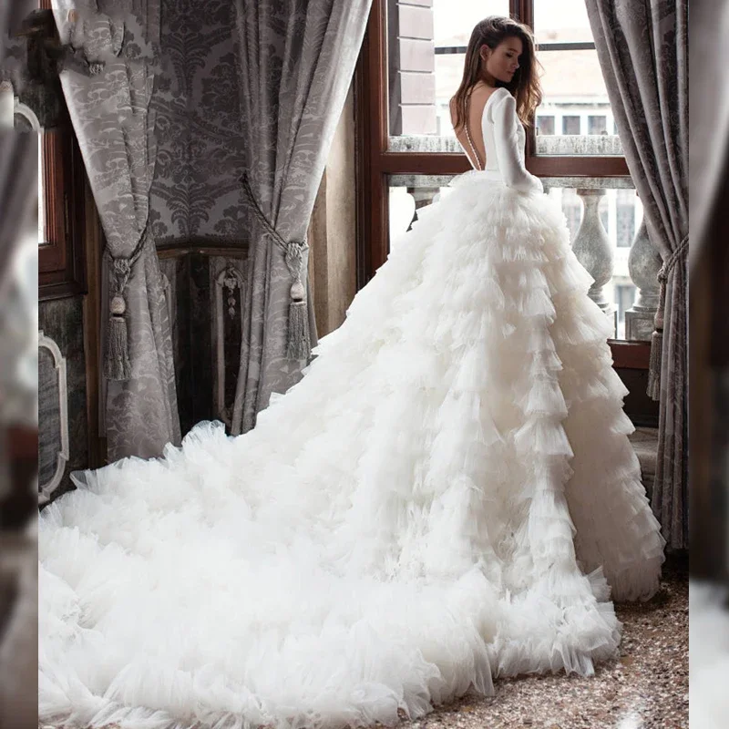 RomanticRufflesTieredWeddingDressesForWomenSatinAndChiffon