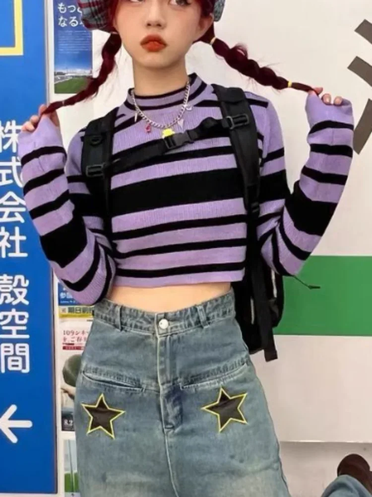 

Korean Fashion Slim Bodycon Thin Knitted Pullover Women Striped Cropped Sweaters Vintage Y2k Aesthetic Harajuku Pull Streetwear
