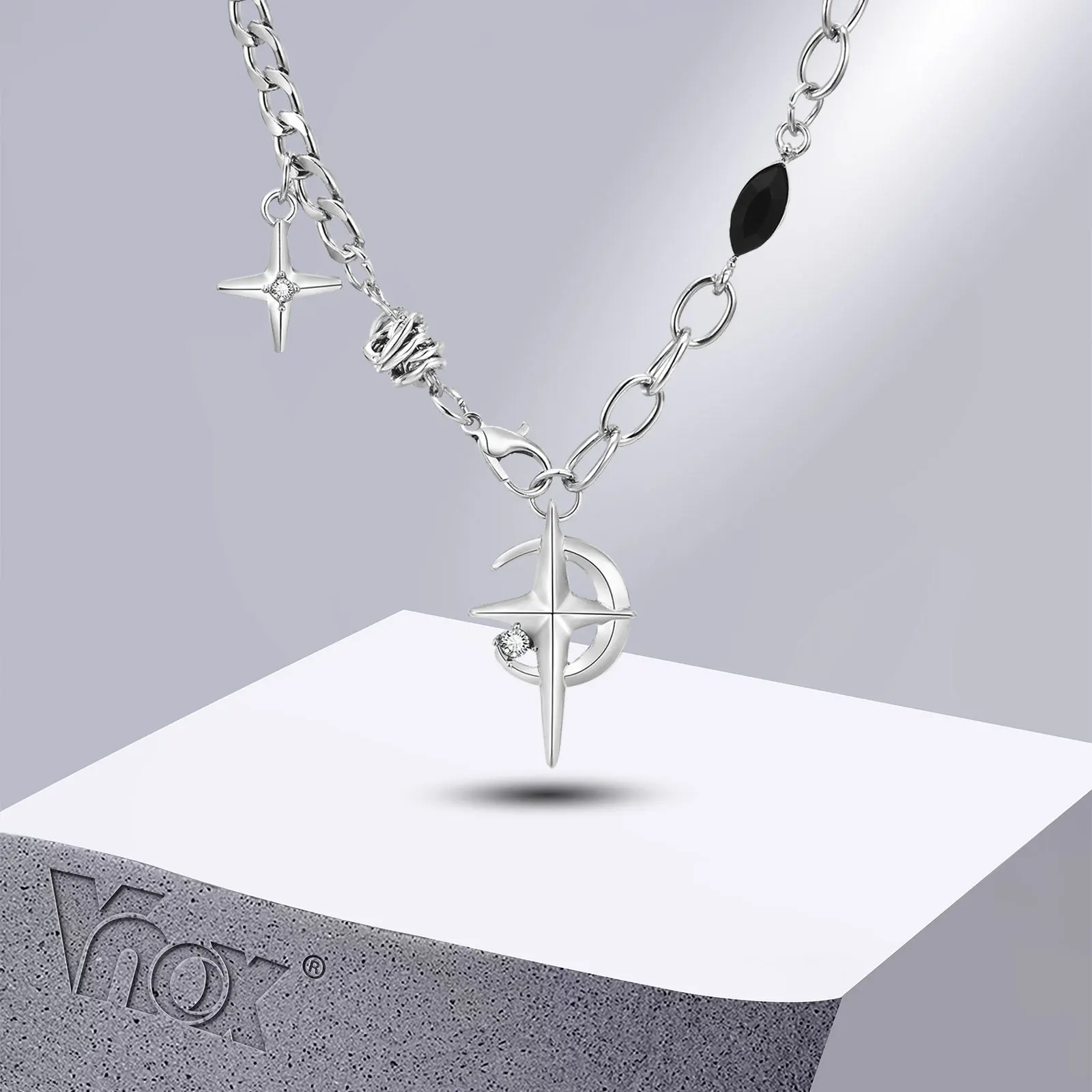Vnox Edelstahl Hip Hop Star Mond Polier kette Inlay Edelstein Anhänger Halskette für Männer Frauen, Unisex Ketten kragen